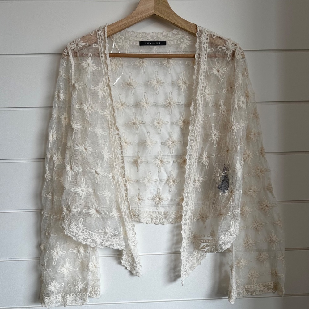 Suzy Shier Ivory Lace Sheer Tie Front Boho Cardigan Top Medium - Picture 4 of 5